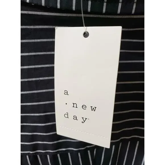 A New Day Dress Women L Black White Striped Shirt Long Sleeve Cotton Midi - Picture 9 of 15